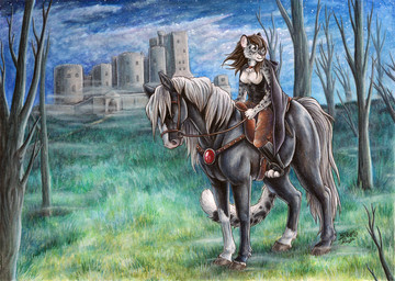 anthro blue_eyes brown_hair castle choker clothed clothing cloud dead_tree detailed_background duo female feral fluffy fluffy_tail grass hair hooves jewelry long_hair looking_away looking_down necklace night outside plant riding scenery sky standing star straddling tail tree wood silentravyn equid equine felid horse mammal traditional_media_(artwork)