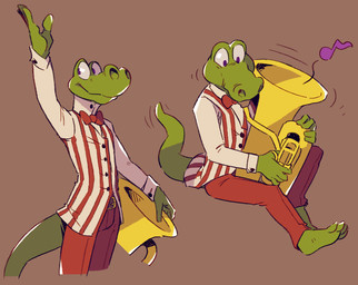 anthro biped bow_tie brass_instrument clothed clothing green_body male multiple_poses musical_instrument musical_note musical_symbol pattern_clothing pattern_topwear pattern_vest playing_music pose red_bow_tie simple_background solo striped_clothing striped_topwear striped_vest stripes symbol toony topwear tuba vest wind_instrument flookz tuba_croc crocodile crocodilian reptile scalie 2017 digital_media_(artwork)