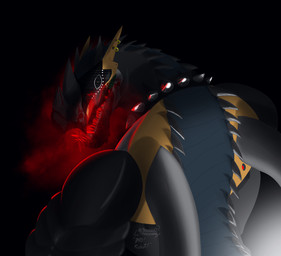 angry anthro back_spikes black_background blood blood_in_mouth blood_on_face bodily_fluids collar ear_piercing ear_ring horn horror_(theme) light_mouth lights looking_at_viewer looking_back looking_back_at_viewer machine male muscular muscular_male nude piercing ring_piercing screen screen_face sharp_teeth simple_background solo spiked_collar spikes spikes_(anatomy) steamy_breath teeth yellow_eyes teymosoo nykto_orygn_euster_(teymosoo) kristen_(teymosoo) living_machine monster robot robot_feral synth_(vader-san) hi_res