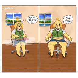 anthro blonde_hair blush bodily_fluids border chair clothed clothing dialogue female footwear fur furniture genital_fluids hair inner_monologue office_chair omorashi overweight overweight_female shoes solo speech_bubble spread_legs spreading sweater sweater_vest text thinking thought_bubble topwear typing upskirt urine urine_on_ground urine_pool vest watersports wetting wetting_bottomwear white_border x-ray_view yellow_body yellow_fur cyberpawzz animal_crossing nintendo isabelle_(animal_crossing) canid canine canis domestic_dog mammal shih_tzu toy_dog 1:1 2026 digital_drawing_(artwork) digital_media_(artwork) english_text hi_res