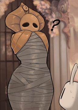 2_horns ambiguous_gender black_eyes bodily_fluids bound clothed clothing duo female horn looking_at_another mask question sweat sweatdrop text white_head kaiartis hollow_knight_(franchise) team_cherry godseeker_(hollow_knight) the_knight_(hollow_knight) arthropod vessel_(species) 2025 absurd_res artist_name english_text hi_res