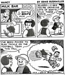 3_panel_comic accessory anthro armor bald beard biped black_hair black_text bottle bow_ribbon bow_tie clothing container dialogue drinking drinking_milk drinking_straw facial_hair female football_player group hair hair_accessory hair_bow hair_ribbon hat headgear headwear helmet horn humor imagination male milk_bottle milk_container misunderstanding ramming ribbons speech_bubble store text thought_bubble young young_female young_human young_male ernie_bushmiller nancy_ritz sluggo_smith bovid caprine goat human mammal 1946 20th_century ancient_art comic dated handwritten_text hi_res monochrome signature