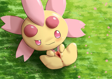 anus blush bodily_fluids female genital_fluids genitals grass plant smile solo spread_vulva spreading vaginal_fluids vulva yellow_body olihai nintendo pokemon cherrim generation_4_pokemon pokemon_(species) sunshine_form_cherrim absurd_res hi_res