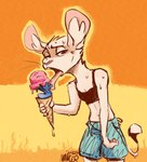 bodily_fluids bottomwear clothing crop_top dessert female food ice_cream licking long_tongue micro shirt shorts size_difference sweat tongue topwear animancer aevsivs luck_(animancer) arachnid arthropod dipodid jerboa mammal rodent spider hi_res