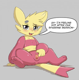 3_toes 4_fingers after_exercise anthro anus bedroom_eyes blonde_hair blush blush_lines bodily_fluids cervix cervix_view cheek_tuft clitoris dialogue eyelashes facial_tuft fangs featureless_chest feet female female_anthro fingers flat_chested genitals grey_background grey_eyes grey_markings hair hand_on_vulva looking_at_viewer markings multicolored_body narrowed_eyes nude nude_anthro open_mouth open_smile presenting presenting_vulva red_body red_feet red_legs seductive simple_background sitting sitting_on_ground smile smiling_at_viewer solo speech_bubble spread_legs spread_vulva spreading sweat tail talking_to_viewer teeth text three-quarter_view tilde_after_text toes tongue tuft two_tone_body two_tone_tail urethra vulva yellow_body friendlyfeesh nintendo pokemon generation_5_pokemon mienfoo pokemon_(species) digital_media_(artwork) english_text hi_res