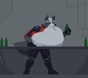 abdominal_bulge animated_gif anthro belly big_belly bottle bottomwear clothing container eye_patch eyes_closed eyewear fur gloves grey_body grey_fur handwear head_on_belly huge_belly inside leaning leaning_forward leaning_on_belly male pants shoulder_pads soft_vore solo spiked_shoulder_pads spikes standing struggling struggling_prey tail tail_motion tailwag vore white_body white_fur nephiclav nintendo star_fox wolf_o'donnell canid canine canis mammal wolf 2026 animated digital_media_(artwork) pixel_(artwork) pixel_animation short_playtime