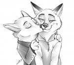 anthro clothed clothing dipstick_ears duo ear_markings eyes_closed female fur kissing male multicolored_ears simple_background smile white_background gerardson disney zootopia nick_wilde skye_(zootopia) arctic_fox canid canine fox mammal red_fox true_fox 2017 monochrome signature