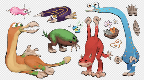 1_eye 1_leg 3_eyes 3_toes 4_fingers ambiguous_gender basket biped blue_body checkered checkered_background container eyes_closed eyestalks feet feral fingers flower food fruit mandibles mask multi_eye orange_body pattern_background plant proboscis_(anatomy) red_body simple_background solo stink_fumes stink_lines stretching toes jestrous electronic_arts maxis_(ea) spore_(game) alien ambient_arthropod ambient_insect fish marine 2024 digital_drawing_(artwork) digital_media_(artwork) english_description