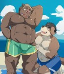 anthro beach bottomwear brown_body bulge clothing cloud duo humanoid_hands kemono male nipples outside seaside shorts water train_(artist) canid canine canis domestic_dog mammal suid suina sus_(pig) wild_boar 2022 hi_res