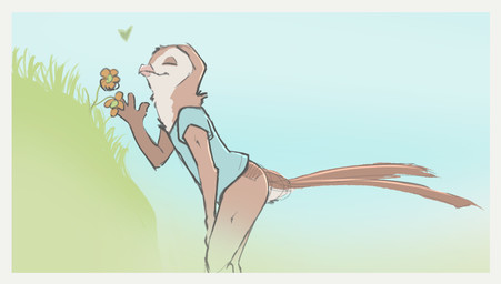 anthro beak border bottomless bottomless_anthro bottomless_male clothed clothing eyes_closed feathers flower male outside plant shirt simple_background smile solo tail tail_feathers topwear yellow_border tuke avian bird owl digital_media_(artwork) hi_res