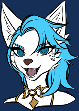 anthro armor blue_eyes clothed clothing collar female front_view grin happy jewelry magic_user markings robe royalty smile solo tattoo teeth topless topless_female riverred thermia_(character) canid canine canis fox hybrid mammal wolf low_res