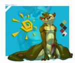 abstract_background anthro blue_background bodily_fluids color_swatch erection genital_fluids hand_on_balls male precum simple_background solo sun tail thick_thighs pthalo olts_(pthalo) mammal mustelid otter hi_res