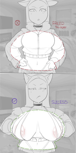 anthro areola areola_slip big_breasts bikini bikini_top bottomwear breasts camera_view choker clothed clothing eyebrows eyelashes female frown fully_clothed hidden_buxom huge_breasts jacket jewelry navel necklace pants solo swimwear text thong topwear two-piece_swimsuit underwear dbaru cartoon_network ok_k.o.!_let's_be_heroes purrcival domestic_cat felid feline felis mammal 2026 english_text hi_res monochrome sketch