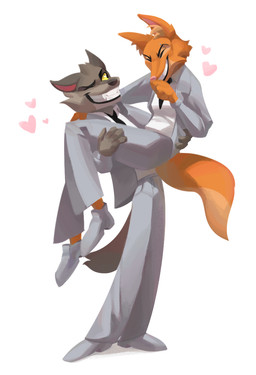 accessory anthro arm_around_partner arm_around_shoulders boyfriend/girlfriend canon_couple clothing duo eyebrow_piercing eyes_closed facial_piercing female fur grey_body grey_fur heart_symbol holding_partner male male/female necktie one_eye_closed orange_body orange_fur piercing smile suit tayplets dreamworks the_bad_guys diane_foxington mr._wolf_(the_bad_guys) canid canine canis fox mammal wolf hi_res
