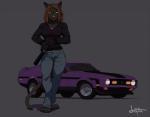 anthro barefoot black_body black_fur bottomwear brown_hair clothed clothing feet female fur grey_background gun hair handgun hoodie jacket pants pink_nose pistol ranged_weapon silencer simple_background solo topwear vehicle weapon yellow_eyes stoopix ford ford_mustang kayin felid mammal pantherine hi_res signature