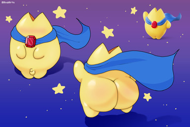 anthro balls big_butt blue_cape blue_clothing butt cape clothing eyeless front_view gem genitals male penis pose raised_hand rear_view small_balls small_penis solo standing star text thick_thighs three-quarter_view yellow_body axoarts kirby_(series) kirby_air_riders nintendo starman_(kirby) 2025 artist_name digital_media_(artwork) hi_res