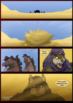 anthro beard caravan clothed clothing desert dialogue facial_hair fangs feral fur group headgear headwear male mane multicolored_body multicolored_fur muscular muscular_anthro muscular_male open_mouth red_body red_fur sand speech_bubble teeth text two_tone_body two_tone_fur white_body white_fur xxsparcoxx acarius_medjay malek_(xxsparcoxx) teofacio_larna ambiguous_species canid canine equid equine fox horse mammal red_fox true_fox 2023 comic digital_media_(artwork) hi_res spanish_text