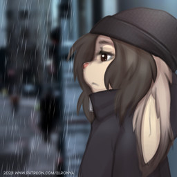 anthro bus clothing commercial_vehicle female freckles hair hat headgear headwear long_hair outside public_transportation raining solo street vehicle vehicle_for_hire elronya fan_character ronya suvi_(elronya) lagomorph leporid mammal rabbit 1:1