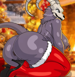 anthro anus big_breasts big_butt bone boots breasts butt christmas_stocking clothing curved_horn curvy_figure female footwear fur genitals glowing glowing_eyes grey_body grey_fur grey_hair hair high_heeled_boots high_heels holidays horn huge_breasts huge_butt kneeling legwear nipple_piercing nipple_ring nipples piercing ring_piercing shoes skull skull_head solo tail thigh_boots thigh_highs vulva spoldier christmas krampus bovid caprine caprine_demon demon goat_demon mammal hi_res