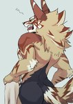 anthro athletic athletic_anthro athletic_male brown_body brown_fur butt fur green_eyes holding_object male nude solo striped_body striped_fur stripes nokia1124_a lifewonders tokyo_afterschool_summoners seth_(tas) canid canine canis jackal mammal 2023