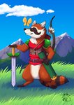 anthro biped brown_body brown_fur clothed clothing detailed_background fur humanoid_hands melee_weapon outside solo sword weapon white_body white_fur pachi_mapache mammal procyonid raccoon 2020 absurd_res hi_res