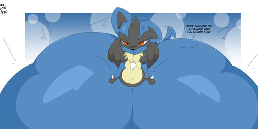 angry anthro belly big_butt black_inner_ear black_nose blue_background blue_body blue_ears blue_tail bottom_heavy breasts butt cross-popping_vein dialogue female front_view frown glare glaring_at_viewer hand_on_leg hand_on_own_leg hand_on_own_thigh hand_on_thigh high-angle_view huge_butt huge_hips huge_thighs hyper hyper_butt hyper_hips hyper_thighs looking_at_viewer motion_lines multicolored_body narrowed_eyes red_eyes simple_background small_breasts solo spikes spikes_(anatomy) squish standing tail talking_to_viewer tan_body text thick_thighs thigh_squish two_tone_body weight_gain white_background wide_hips guzzlord420 nintendo pokemon generation_4_pokemon lucario pokemon_(species) 2026 absurd_res colored digital_media_(artwork) english_text hi_res shaded signature