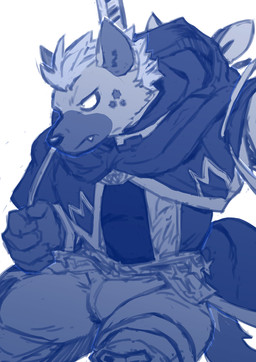 anthro boots clothing footwear gloves gun handwear hood male ranged_weapon robe shoes simple_background solo star_pattern weapon white_background sakuhuu lifewonders live_a_hero roiker hyena mammal spotted_hyena 2026 blue_and_white greyscale hi_res monochrome
