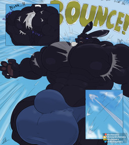 abs anthro ball balls balls_outline big_balls big_bulge big_muscles big_pecs bounce bouncing bouncing_pecs bulge bunny_arch_(dischimera) comic_panel detailed_bulge flexing genital_outline genitals huge_balls huge_bulge huge_muscles huge_pecs hyper hyper_bulge male muscular muscular_anthro muscular_arms muscular_male muscular_thighs navel nipples pecs smug smug_face solo volleyball_(ball) conditional_dnp dischimera arch_(dischimera) lagomorph leporid mammal rabbit hi_res
