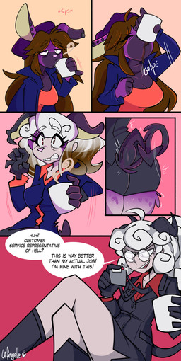anthro anthro_to_humanoid black_clothing black_gloves black_handwear blue_clothing blue_jacket blue_topwear breasts brown_hair buckteeth butt clenched_teeth clothing coffee_mug container cup dialogue ear_piercing eyewear female glasses gloves hair handwear holding_container holding_cup holding_mug holding_object horn jacket mug piercing red_background red_eyes round_glasses simple_background smile solo spade_tail species_transformation surprised surprsied tail teeth text tired topwear transformation white_hair la-frugele helltaker aurora_boreal_(spwinktap) pandemonica_(helltaker) demon demon_humanoid humanoid lagomorph leporid mammal rabbit 2023 absurd_res comic digital_media_(artwork) english_text hi_res