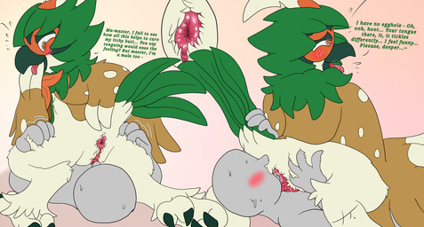 anal animal_genitalia anthro anus avian_butt beak blush bodily_fluids butt close-up duo faceless_character faceless_human facesitting feathers genital_slit genitals interspecies male male/male open_beak open_mouth oral pokephilia presenting presenting_anus presenting_hindquarters rear_view rimming saliva sex simple_background sitting_on_another tail tail_anus tail_aside tail_feathers text tongue tongue_out birdofanatic nintendo pokemon avian bird decidueye generation_7_pokemon human mammal pokemon_(species) digital_media_(artwork) english_text flat_colors hi_res