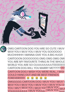 anthro black_clothing black_shirt black_topwear blue_body blue_fur clothing computer electronics fur infatuation keyboard male open_mouth open_smile shirt smile solo text topwear typing wall_of_text demensa twitter emil_(demensa) canid canine canis coyote domestic_dog mammal 2023 comic digital_media_(artwork) english_text hi_res pixel_(artwork)