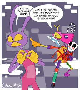 :3 angry anthro blush clothed clothing female gesture group hand_gesture holding_another male mask multicolored_body overalls pointing profanity purple_body red_body smile speech_bubble standing surprised tail text trio cothswoller being_a_cuck_is glitch_productions oh_joy_sex_toy the_amazing_digital_circus gangle_(tadc) jax_(tadc) zooble_(tadc) animate_inanimate lagomorph leporid living_mask living_toy mammal rabbit 2026 digital_media_(artwork) english_text hi_res meme signature nonbinary_(lore)