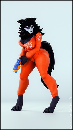 angry annoyed anthro barefoot big_breasts black_body black_fur black_hair black_nails bodysuit bone breasts claws cleavage clothed clothing colored_nails digitigrade fangs feet female fur gun hair holding_gun holding_object holding_ranged_weapon holding_weapon long_hair long_sleeves messy_hair nails orange_clothing orange_jumpsuit prison_uniform ranged_weapon skinsuit skull skull_head solo tail teeth thick_thighs tight_clothing weapon wide_hipped_anthro wide_hipped_female wide_hips thenicedragon cryptiacurves_(modeler) da.nilkaz_(modeler) hasbro nerf_(toy) scp_foundation scp-1471-a scp-1471-a_(da.nilkaz) canid canine malo mammal skulldog_(species) 3d_(artwork) 9:16 digital_media_(artwork) full-length_portrait hi_res portrait watermark