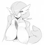 areola big_breasts breasts cleavage clothed clothing english_text female gardevoir generation_3_pokemon looking_at_viewer nintendo nipples not_furry pokemon pokemon_(species) simple_background slugbox solo text white_background