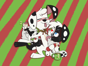 :3 alcohol animal_genitalia animal_penis anthro balls beverage black_body black_fur black_nose blue_eyes blush bodily_fluids bow_ribbon canine_genitalia canine_penis chest_lick clothing container cum cup dipstick_tail drinking_glass drunk duo eggnog ejaculation erection eyes_closed fur genital_fluids genitals glass glass_container glass_cup gloves_(marking) grey_body grey_fur grey_nose hair handjob head_tuft heterochromia holding_object humor knot knotted_penis looking_at_another male male/male markings masturbation multicolored_body multicolored_fur pattern_background pattern_clothing pawpads paws penile penis red_eyes sex simple_background spots spotted_body substance_intoxication tail tail_markings text tongue tuft white_body white_fur wine_glass slightlyarousedguy 101_dalmatian_street 101_dalmatians disney nintendo pokemon drew_dalmatian_(slightlyarousedguy) fan_character canid canine canis dalmatian domestic_dog generation_7_pokemon hybrid mammal pokemon_(species) rockruff 4:3 hi_res shaded signature