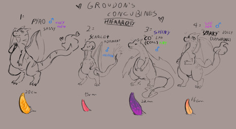 anthro group intersex male polyamory size_difference bell_zabella nintendo pokemon coal_(bell_zabella) fan_character pyro_(bell_zabella) scarlet_(bell_zabella) sparking_(bell_zabella) charizard generation_1_pokemon pokemon_(species) absurd_res hi_res model_sheet
