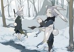 ambiguous_gender anthro biped clothed clothing duo fur grass grey_hair hair hi_res kemono lagomorph leporid mammal milkybot plant rabbit snow tree white_body white_fur yellow_eyes