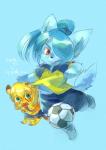 alternate_species ambiguous_gender anthro ball blue_body blue_fur blue_hair brown_eyes duo fur furrification hair hair_over_eye male one_eye_obstructed simple_background soccer_ball young young_anthro young_male mabo_(artist) inazuma_eleven inazuma_eleven_(series) level-5 kazemaru_ichirouta miyasaka_ryou canid canine canis mammal wolf