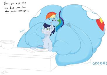 belly big_belly big_butt blush butt carrot chubby_cheeks cooking cuddling cutie_mark cutting_board dialogue double_chin duo fangs fat_legs feedee feeder feederism female feral flabby_arms flirting fluffy fluffy_chest folded_wings food hug huge_belly huge_butt inner_ear_fluff knife larger_female lidded_eyes looking_down looking_up male male/female mixing_bowl morbidly_obese morbidly_obese_female morbidly_obese_feral mouth_hold neck_rolls obese obese_female obese_feral onomatopoeia open_mouth overweight overweight_female overweight_feral plant romantic romantic_couple rumbling_stomach simple_background size_difference smaller_male sound_effects standing teeth text thick_thighs tuft vegetable white_background wide_hips wings wisk astrum_(artist) friendship_is_magic hasbro my_little_pony mythology rainbow_dash_(mlp) soarin_(mlp) wonderbolts_(mlp) equid equine horse mammal mythological_creature mythological_equine pegasus pony absurd_res digital_drawing_(artwork) digital_media_(artwork) english_text hi_res