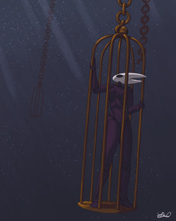bars black_body breasts cage chain convenient_censorship dark_body dark_skin dutch_angle female gibbet in_cage looking_up mask masked_female non-mammal_breasts nude nude_female simple_background solo standing white_mask warewolf_(artist) hollow_knight:_silksong hollow_knight_(franchise) team_cherry hornet_(hollow_knight) arthropod humanoid insect absurd_res hi_res signature
