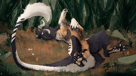 animal_genitalia balls black_body black_fur brown_body brown_fur claws feet feral fully_sheathed fur genitals grass horn looking_at_viewer lying male male_feral multicolored_body multicolored_fur on_back on_grass on_ground plant sheath solo tail tail_tuft tuft i-psilone ember_(trey.embershade) felkin 2023 hi_res