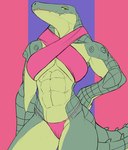 abs anthro breasts camel_toe clothed clothing female green_body green_scales hand_on_hip looking_at_viewer muscular muscular_anthro muscular_female non-mammal_breasts pupils scales slit_pupils solo standing yellow_eyes f_draws athena_(f_draws) crocodile crocodilian reptile scalie hi_res