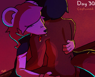 anthro bite biting_another black_hair blood blood_drip bodily_fluids brown_body brown_fur cape clothed clothed_sex clothing collared_shirt costume dress_shirt dripping duo eyes_closed female fur hair hand_around_waist hand_on_back hand_on_butt holding_leg_up male male/female pink_hair red_clothing red_topwear red_vest sex shirt shoulder_bite tan_body tan_fur topwear vest white_body white_dress_shirt white_fur percybird liz_(percybird) canid canine canis domestic_dog mammal mouse murid murine rodent 2025 clip_studio_paint_(artwork) colored digital_media_(artwork) hi_res shaded signature