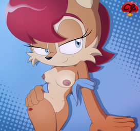 anthro areola bedroom_eyes blue_eyes bottomless breasts brown_body brown_fur clothed clothing eyelashes female fur genitals hair half-closed_eyes jacket jacket_only long_eyelashes looking_at_viewer mostly_nude narrowed_eyes nipple_dip nipples open_clothing open_jacket open_topwear seductive simple_background smile solo topwear topwear_only tuft vulva ladycherrybomba archie_comics sega sonic_the_hedgehog_(archie) sonic_the_hedgehog_(comics) sonic_the_hedgehog_(series) sally_acorn chipmunk ground_squirrel mammal rodent sciurid digital_media_(artwork) hi_res