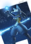 ambiguous_gender anthro aura_sphere blue_body bone_rush holding_object night pokemon_move red_eyes sky solo spikes star starry_sky supearibu nintendo pokemon generation_4_pokemon lucario pokemon_(species) 2020 dated hi_res