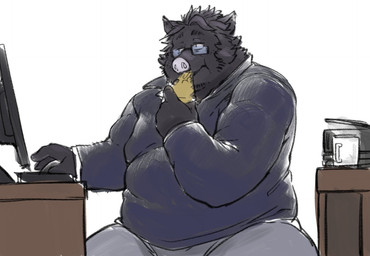 anthro black_body black_fur bottomwear clothing computer eating electronics eyewear food fur glasses humanoid_hands kemono male overweight overweight_anthro overweight_male pants pizza shirt sitting solo topwear exe_exem mammal suid suine sus_(pig) wild_boar 2021 digital_media_(artwork)