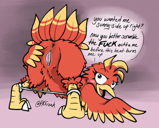 anus beak blush butt dialogue feather_hair feathers feet female feral fluffy genitals green_eyes leg_spreader looking_at_viewer nude nude_female open_beak open_mouth open_smile presenting presenting_anus presenting_hindquarters presenting_vulva profanity pseudo_hair red_body red_feathers restraints smile solo spread_legs spread_vulva spreader_bar spreading tail tail_feathers talons text toes toony vulva wings yellow_beak yellow_body yellow_feathers yellow_talons pkfreak banjo-kazooie rareware kazooie avian bird english_text signature