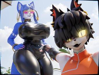anthro armwear bangle big_breasts black_armwear black_clothing black_elbow_gloves black_gloves black_hair black_handwear black_latex black_leggings black_legwear black_topwear blue_body blue_fur blue_hair bottomwear breasts choker clothing colored_nails duo ear_piercing ear_ring elbow_gloves eyewear female fingernails fur glistening glistening_bottomwear glistening_clothing glistening_topwear gloves hair handwear hoop_ear_ring jewelry latex latex_armwear latex_clothing latex_elbow_gloves latex_gloves latex_handwear latex_leggings latex_legwear latex_topwear leggings legwear long_fingernails looking_at_viewer male multicolored_body multicolored_fur nails necklace nipple_outline piercing pink_fingernails pink_nails ring_piercing sunglasses tail thick_thighs topwear two_tone_body two_tone_fur wearing_sunglasses white_body white_fur wide_hips yellow_sclera furry_ghosty dogzeela_(modeler) valorlynz_(modeler) arknights hypergryph nintendo star_fox studio_montagne two_soyjaks_pointing aak_(arknights) krystal_(star_fox) canid canine domestic_cat felid feline felis fox mammal 2025 3d_(artwork) 4:3 digital_media_(artwork) hi_res