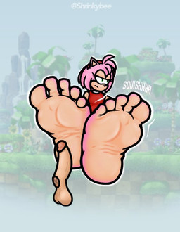 5_toes anthro countershade_feet countershading crossed_legs disembodied_penis feet female foot_fetish foot_focus foot_on_penis foot_play genitals humanoid_feet penis pink_body plantigrade sound_effects toes shrinkybee sega sonic_the_hedgehog_(series) amy_rose eulipotyphlan hedgehog mammal