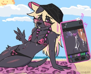 alternative_fashion anthro balls beach beach_towel bikini black_body black_fur blonde_hair blush bodily_fluids bulge clothing cum cum_from_ass cum_in_ass cum_inside cum_on_balls cum_on_penis duo electronics eyewear femboy flaccid fur genital_fluids genitals glistening glistening_body hair hat headgear headwear looking_at_viewer male male/male navel oblivious penis penis_in_bikini phone posing_for_picture ruined_reputation smile sun_hat sunglasses sweat swimwear towel two-piece_swimsuit nsfwbunniii canid canine canis domestic_dog mammal absurd_res hi_res